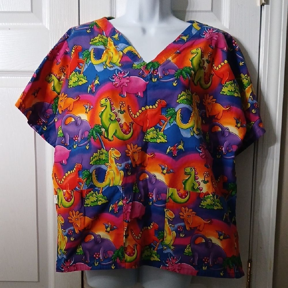 Sassy Scrubs Colorful Dinosaur Print Nurse Scrub Top Sz M GUC